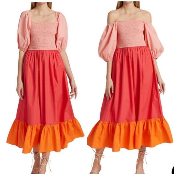 RHODE Eloise strawberry Colorblock cotton poplin Midi Dress with Smocking S
